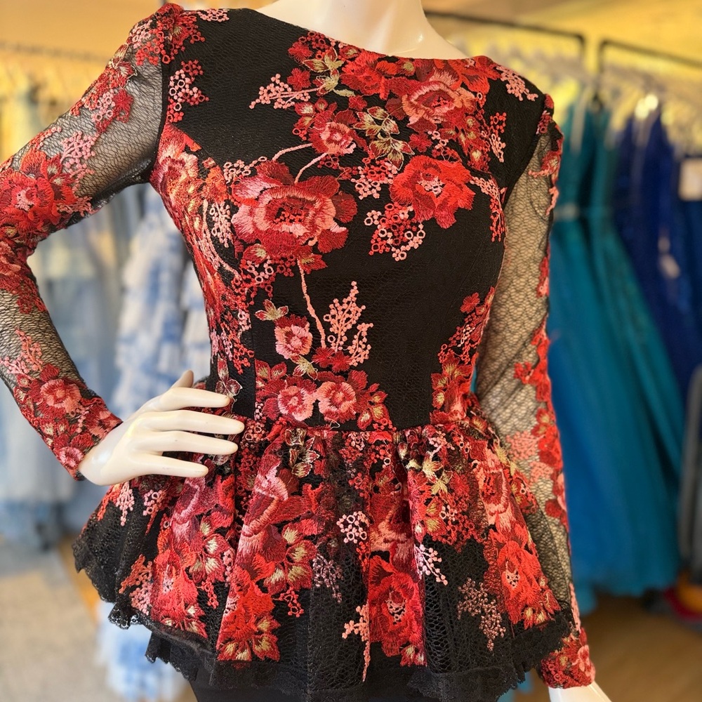 Black and Red Floral Long Sleeve Dress